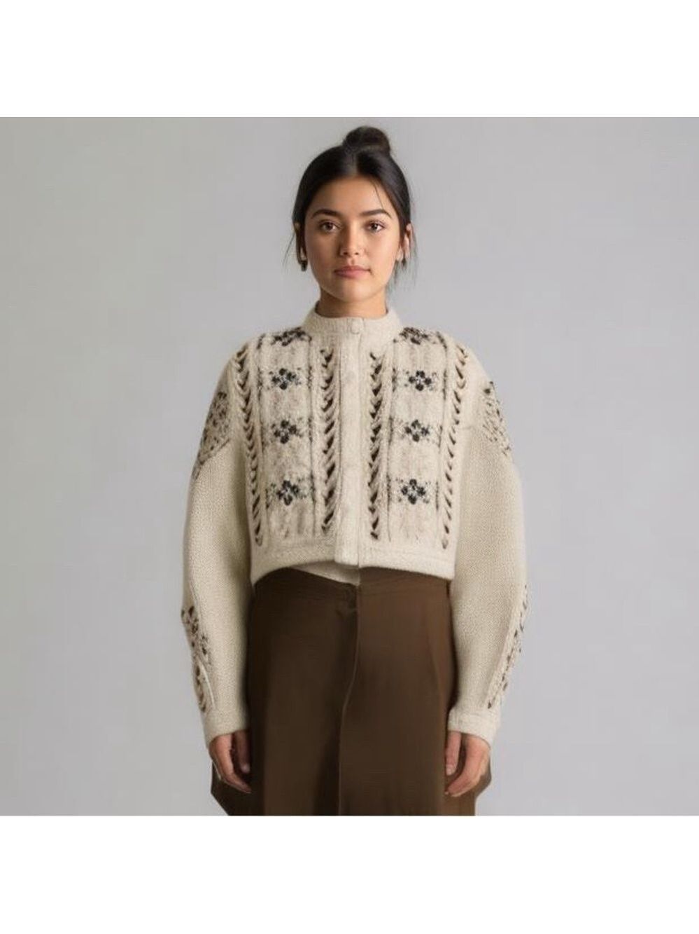 CO Tokyo alpine womens cardigan cream brown cable knit womens sweater fits Large